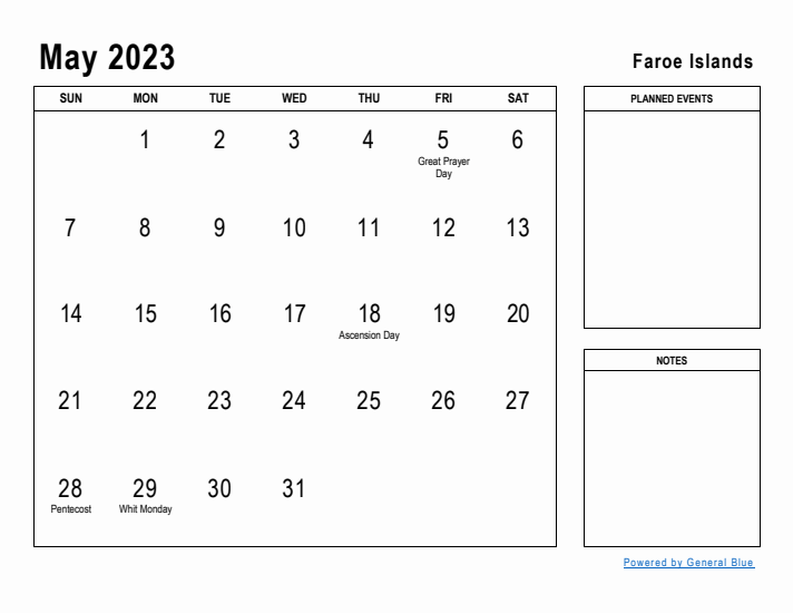 May 2023 Printable Monthly Calendar with Faroe Islands Holidays