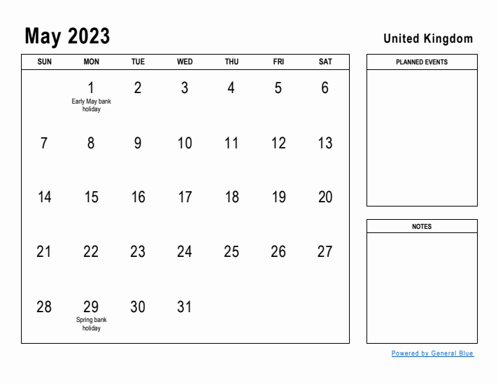 May 2023 Printable Monthly Calendar with United Kingdom Holidays