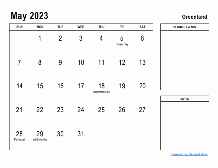 May 2023 Printable Monthly Calendar with Greenland Holidays