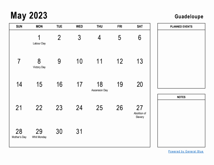 May 2023 Printable Monthly Calendar with Guadeloupe Holidays