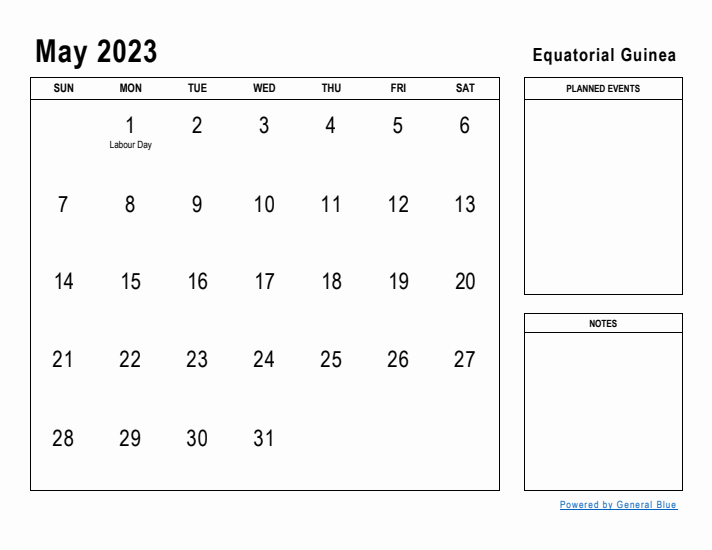 May 2023 Printable Monthly Calendar with Equatorial Guinea Holidays