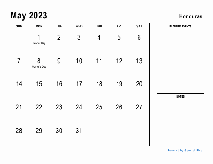 May 2023 Printable Monthly Calendar with Honduras Holidays