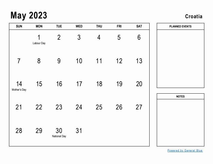 May 2023 Printable Monthly Calendar with Croatia Holidays