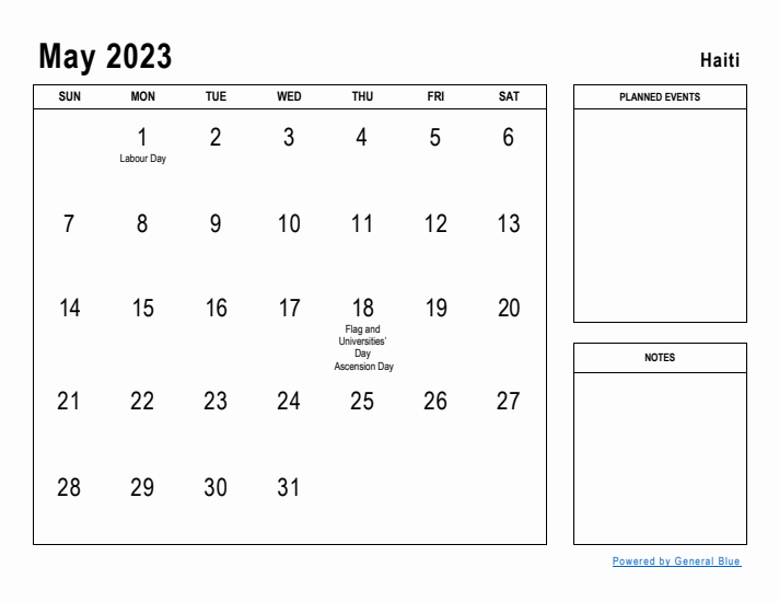 May 2023 Printable Monthly Calendar with Haiti Holidays