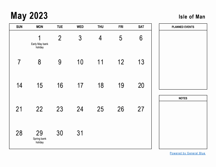 May 2023 Printable Monthly Calendar with Isle of Man Holidays