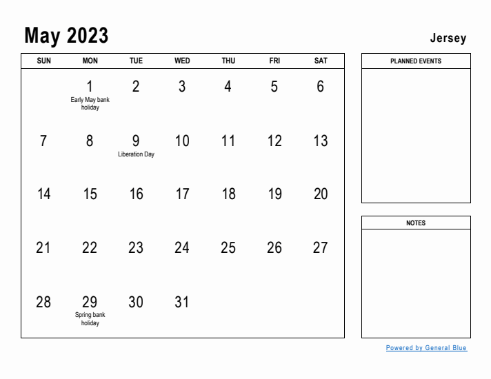 May 2023 Printable Monthly Calendar with Jersey Holidays