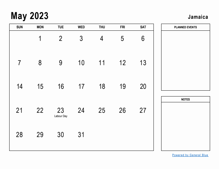 May 2023 Printable Monthly Calendar with Jamaica Holidays