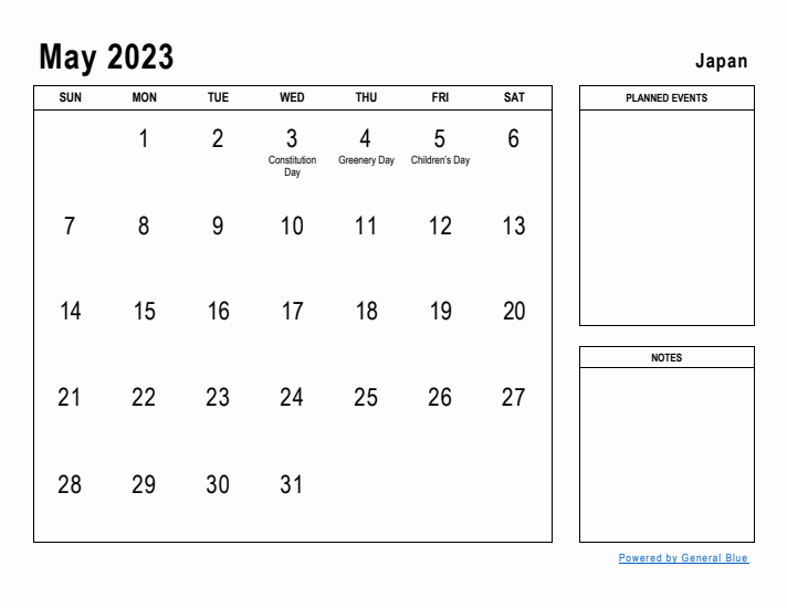 May 2023 Printable Monthly Calendar with Japan Holidays