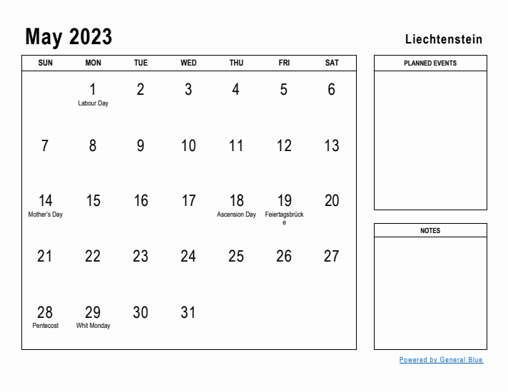 May 2023 Printable Monthly Calendar with Liechtenstein Holidays