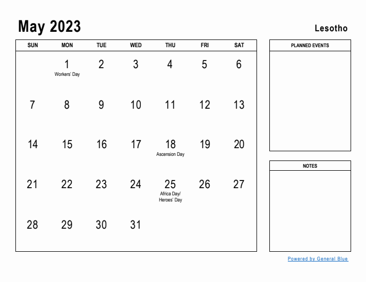 May 2023 Printable Monthly Calendar with Lesotho Holidays