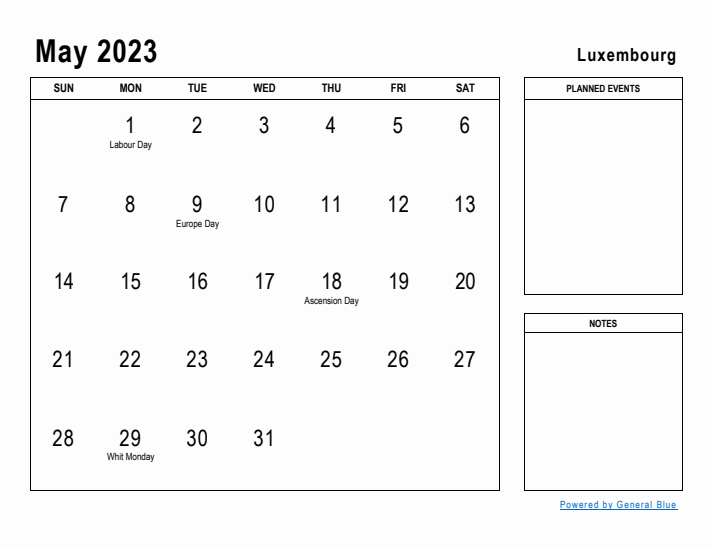 May 2023 Printable Monthly Calendar with Luxembourg Holidays