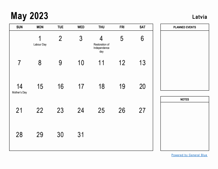 May 2023 Printable Monthly Calendar with Latvia Holidays