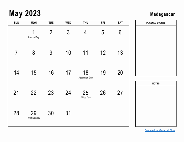 May 2023 Printable Monthly Calendar with Madagascar Holidays