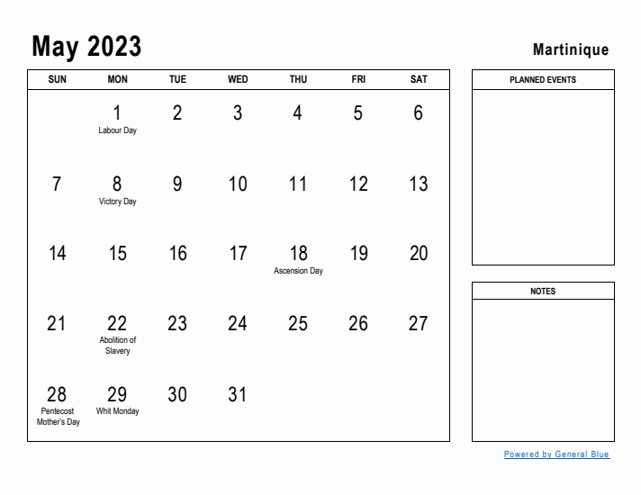 May 2023 Printable Monthly Calendar with Martinique Holidays