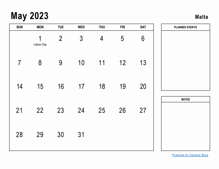 May 2023 Printable Monthly Calendar with Malta Holidays