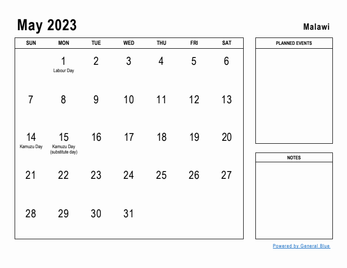 May 2023 Printable Monthly Calendar with Malawi Holidays