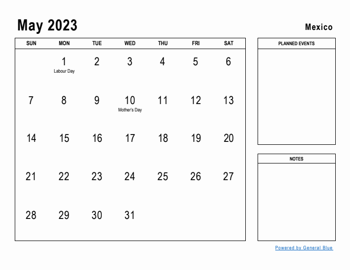 May 2023 Printable Monthly Calendar with Mexico Holidays