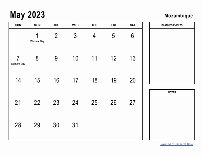 May 2023 Printable Monthly Calendar with Mozambique Holidays