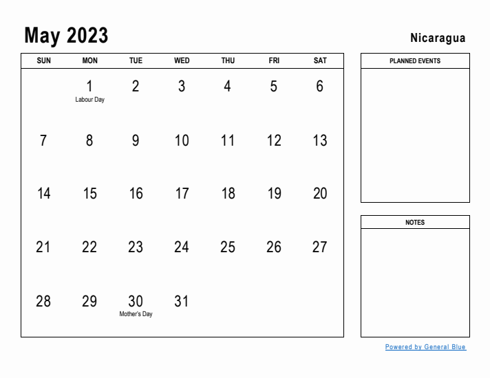 May 2023 Printable Monthly Calendar with Nicaragua Holidays