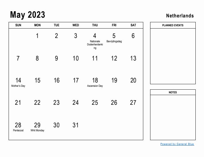 May 2023 Printable Monthly Calendar with The Netherlands Holidays