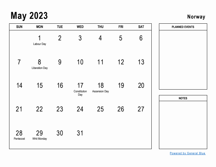 May 2023 Printable Monthly Calendar with Norway Holidays