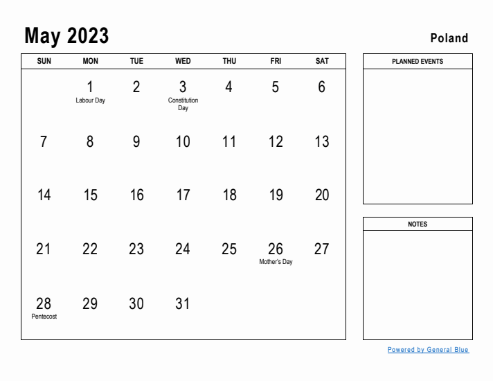 May 2023 Printable Monthly Calendar with Poland Holidays