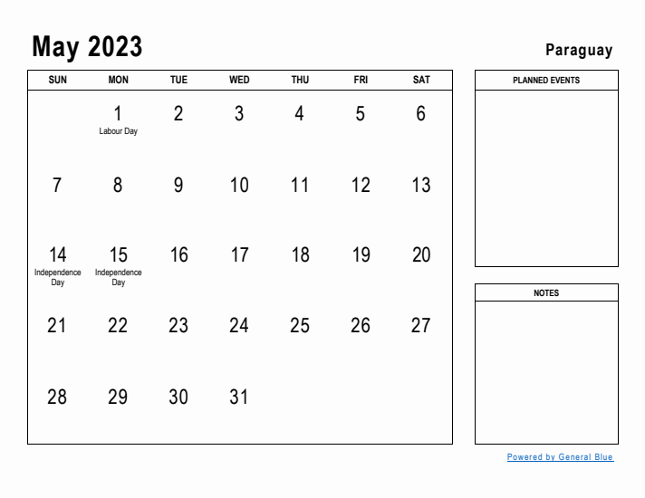 May 2023 Printable Monthly Calendar with Paraguay Holidays