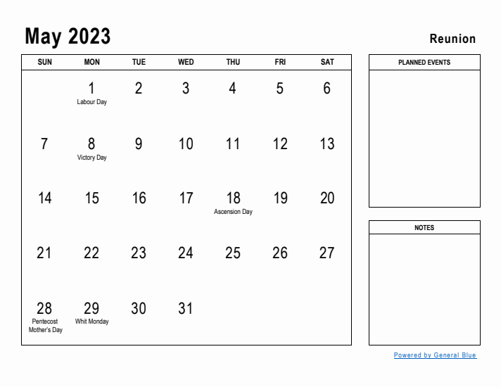 May 2023 Printable Monthly Calendar with Reunion Holidays