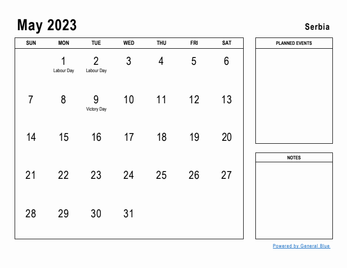 May 2023 Printable Monthly Calendar with Serbia Holidays