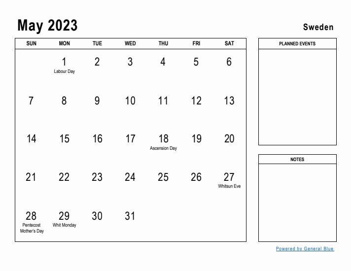 May 2023 Printable Monthly Calendar with Sweden Holidays