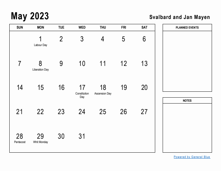 May 2023 Printable Monthly Calendar with Svalbard and Jan Mayen Holidays