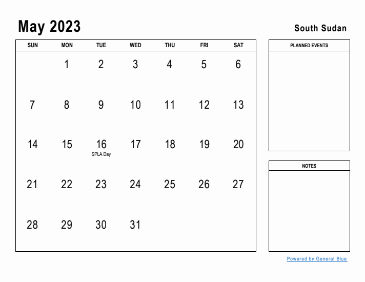 May 2023 Printable Monthly Calendar with South Sudan Holidays