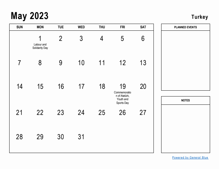 May 2023 Printable Monthly Calendar with Turkey Holidays