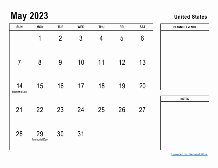 May 2023 Printable Monthly Calendar with United States Holidays