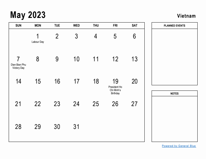 May 2023 Printable Monthly Calendar with Vietnam Holidays