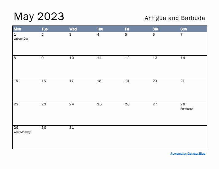 May 2023 Simple Monthly Calendar for Antigua and Barbuda