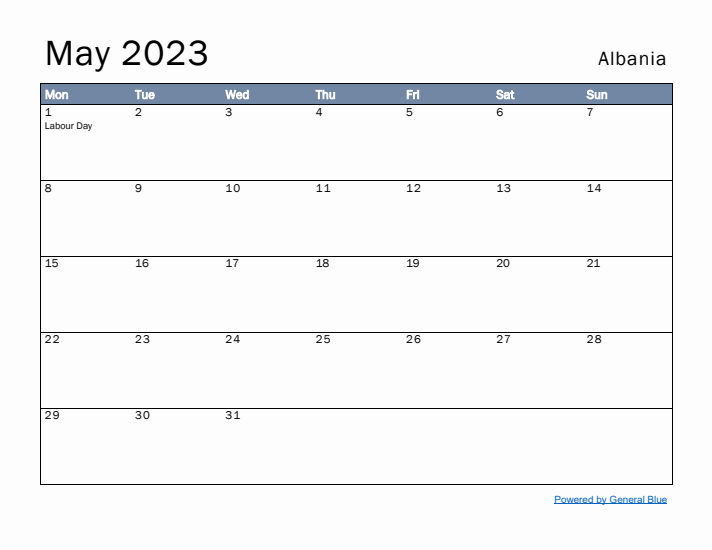 May 2023 Simple Monthly Calendar for Albania