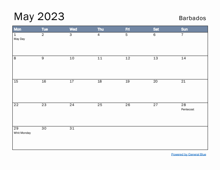 May 2023 Simple Monthly Calendar for Barbados