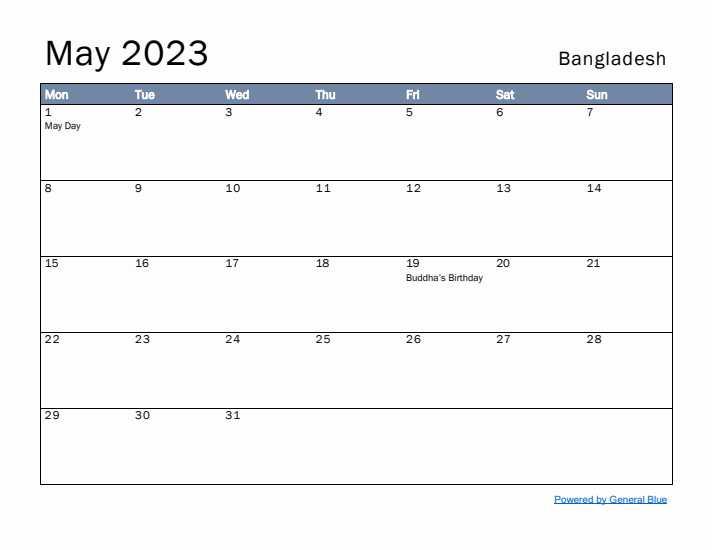 May 2023 Simple Monthly Calendar for Bangladesh