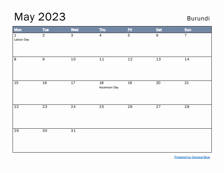 May 2023 Simple Monthly Calendar for Burundi