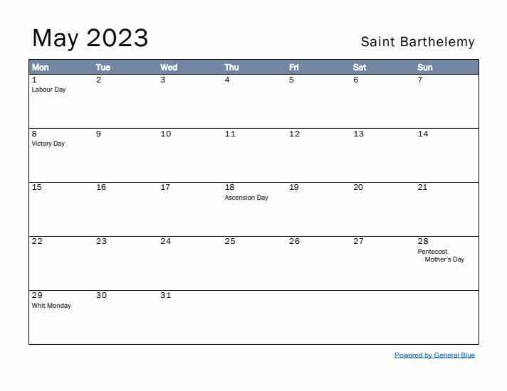 May 2023 Simple Monthly Calendar for Saint Barthelemy