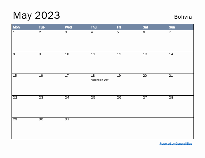 May 2023 Simple Monthly Calendar for Bolivia