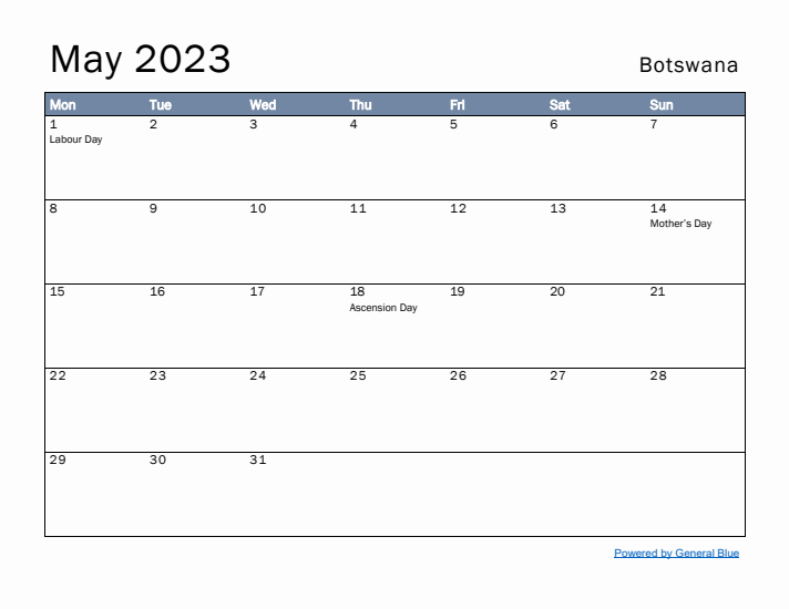 May 2023 Simple Monthly Calendar for Botswana