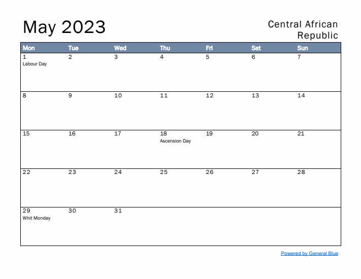 May 2023 Simple Monthly Calendar for Central African Republic