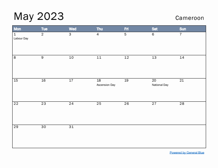 May 2023 Simple Monthly Calendar for Cameroon