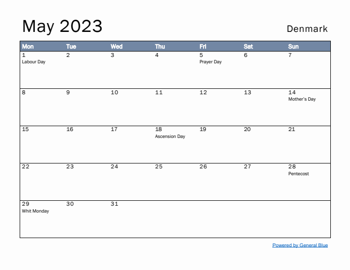 May 2023 Simple Monthly Calendar for Denmark