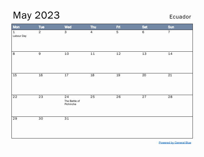 May 2023 Simple Monthly Calendar for Ecuador