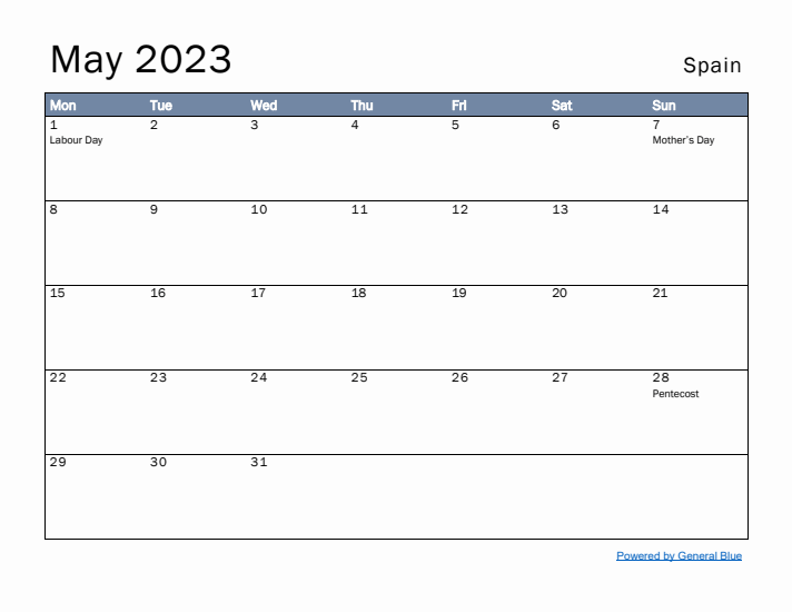 May 2023 Simple Monthly Calendar for Spain