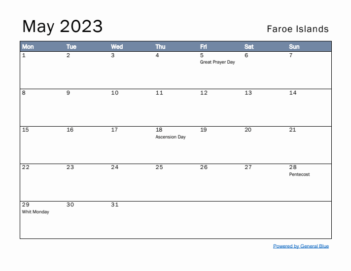 May 2023 Simple Monthly Calendar for Faroe Islands