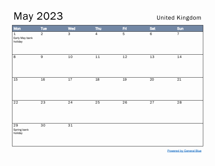 May 2023 Simple Monthly Calendar for United Kingdom